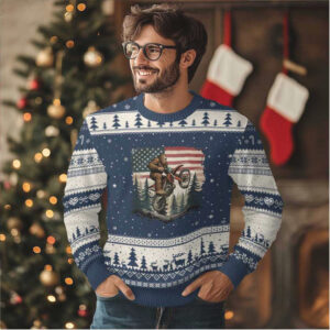 Bigfoot Dirt Bike Ugly Christmas Sweater Patriotic Sasquatch American Flag Bigfoot Dirt Bike Ugly Christmas Sweater Patriotic Sasquatch American Flag