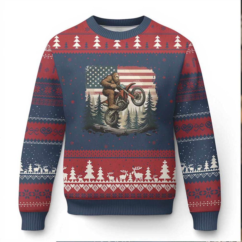 Bigfoot Dirt Bike Ugly Christmas Sweater Patriotic Sasquatch American Flag Bigfoot Dirt Bike Ugly Christmas Sweater Patriotic Sasquatch American Flag