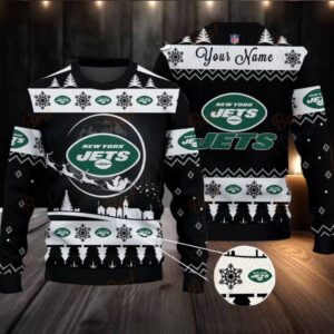 Black New York Jets NFL Ugly Christmas Sweater Name Customized