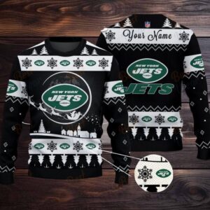 Black New York Jets NFL Ugly Christmas Sweater Name Customized