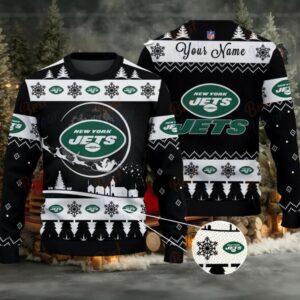 Black New York Jets NFL Ugly Christmas Sweater Name Customized