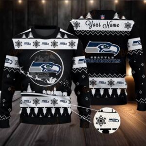 Black Seattle Seahawks NFL Ugly Christmas Sweater Name Customized