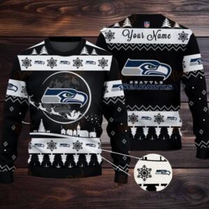 Black Seattle Seahawks NFL Ugly Christmas Sweater Name Customized