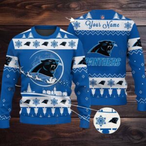 Blue Carolina Panthers NFL Ugly Christmas Sweater Name Customized
