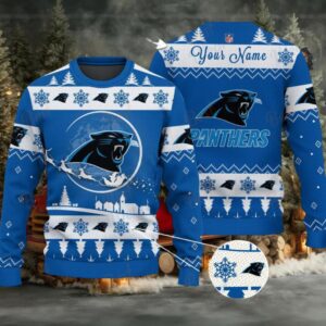 Blue Carolina Panthers NFL Ugly Christmas Sweater Name Customized
