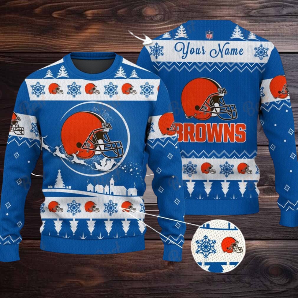 Blue Cleveland Browns NFL Ugly Christmas Sweater Name Customized