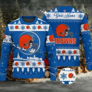 Blue Cleveland Browns NFL Ugly Christmas Sweater Name Customized