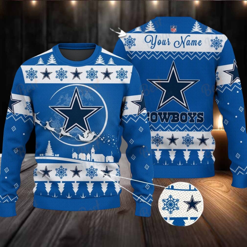 Blue Dallas Cowboys NFL Ugly Christmas Sweater Name Customized Blue Dallas Cowboys NFL Ugly Christmas Sweater Name Customized