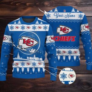Blue Kansas City Chiefs NFL Ugly Christmas Sweater Name Customized