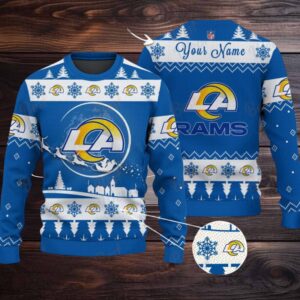 Blue Los Angeles Rams NFL Ugly Christmas Sweater Name Customized