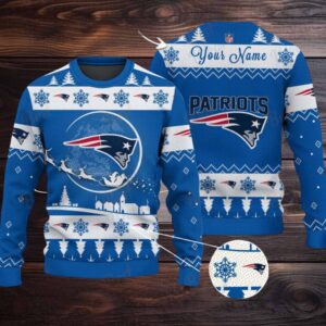 Blue New England Patriots NFL Ugly Christmas Sweater Name Customized