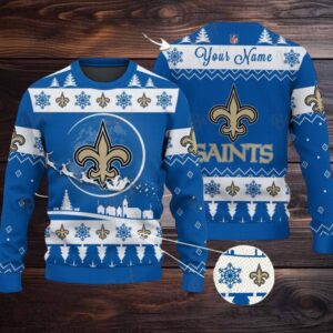 Blue New Orleans Saints NFL Ugly Christmas Sweater Name Customized