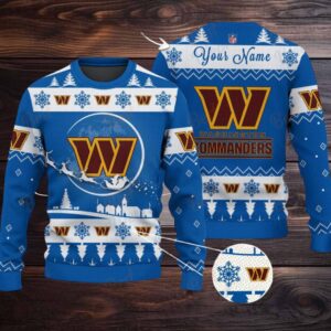 Blue Washington Commanders NFL Ugly Christmas Sweater Name Customized