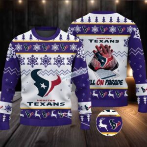 Bulls On Parade Houston Texans Ugly Christmas Sweater On Sale White Purple