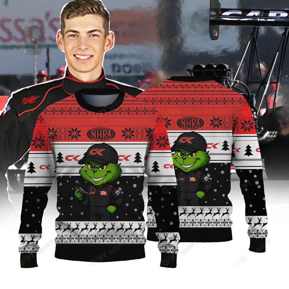 CK Racing Grinch Top Fuel Ugly Christmas Sweater NHRA front view