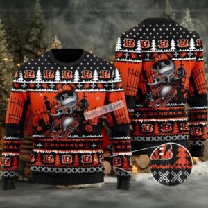 Cincinnati Bengals Jack Skellington Ugly Christmas Sweater Plus Size Black Orange