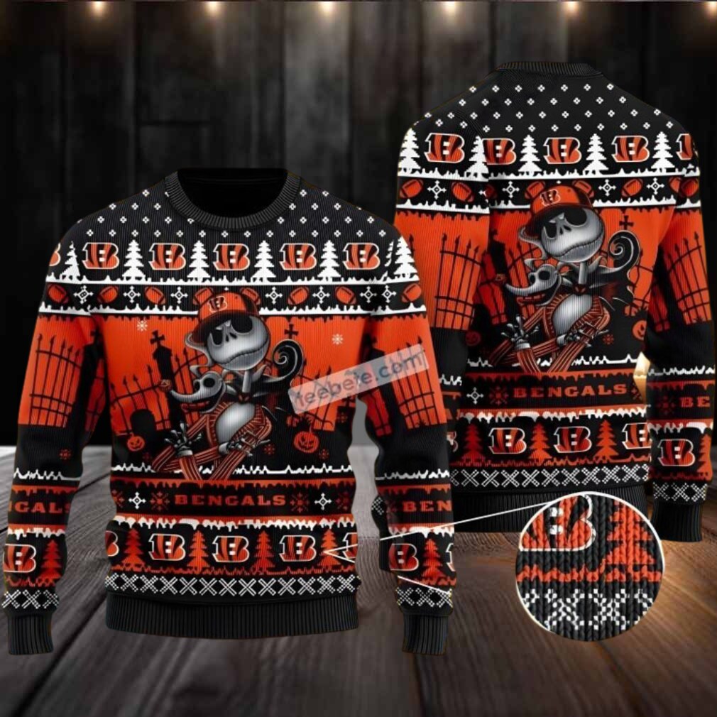 Cincinnati Bengals Jack Skellington Ugly Christmas Sweater Plus Size Black Orange Cincinnati Bengals Jack Skellington Ugly Christmas Sweater Plus Size Black Orange