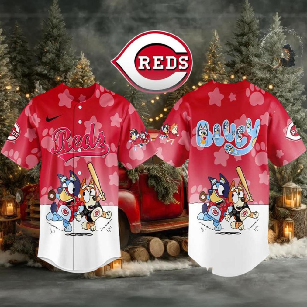 Cincinnati Reds 2025 Bluey MLB Game Night Christmas Baseball Jersey Cincinnati Reds 2025 Bluey MLB Game Night Christmas Baseball Jersey