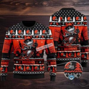 Cleveland Browns Jack Skellington Ugly Christmas Sweater Vacation Black Orange