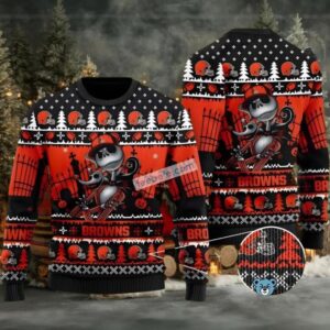 Cleveland Browns Jack Skellington Ugly Christmas Sweater Vacation Black Orange