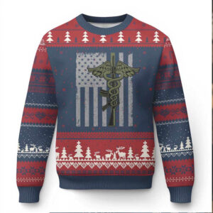 Combat Medic Soldier Ugly Christmas Sweater Caduceus Vintage American Flag