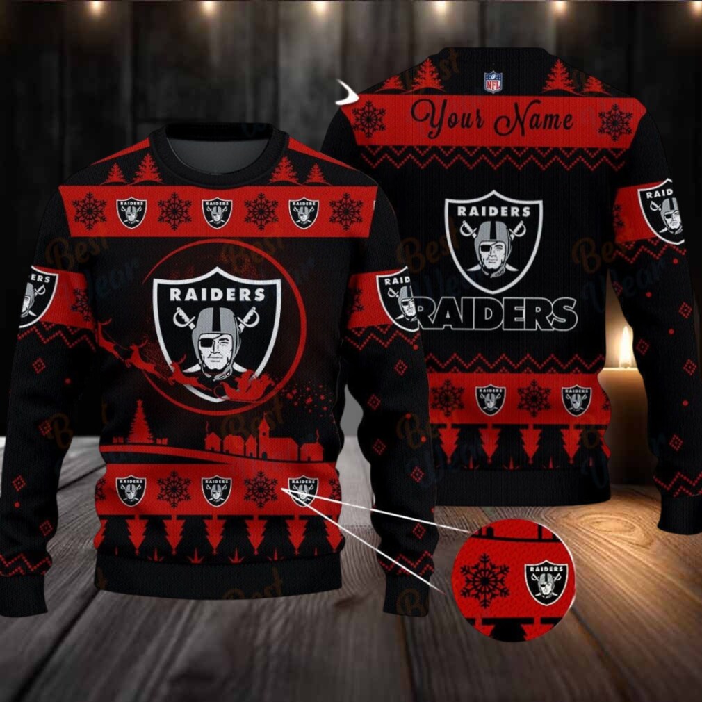 Dark Red Las Vegas Raiders NFL Ugly Christmas Sweater Name Customized Dark Red Las Vegas Raiders NFL Ugly Christmas Sweater Name Customized
