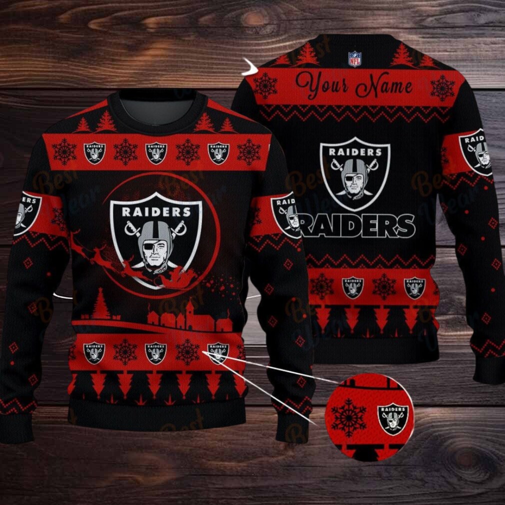 Dark Red Las Vegas Raiders NFL Ugly Christmas Sweater Name Customized Dark Red Las Vegas Raiders NFL Ugly Christmas Sweater Name Customized
