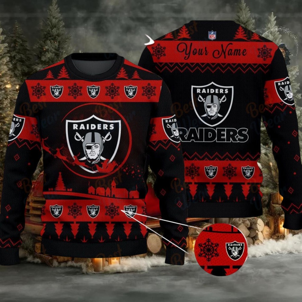 Dark Red Las Vegas Raiders NFL Ugly Christmas Sweater Name Customized Dark Red Las Vegas Raiders NFL Ugly Christmas Sweater Name Customized