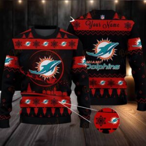 Dark Red Miami Dolphins NFL Ugly Christmas Sweater Name Customized