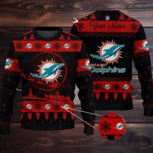 Dark Red Miami Dolphins NFL Ugly Christmas Sweater Name Customized
