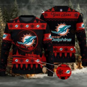 Dark Red Miami Dolphins NFL Ugly Christmas Sweater Name Customized