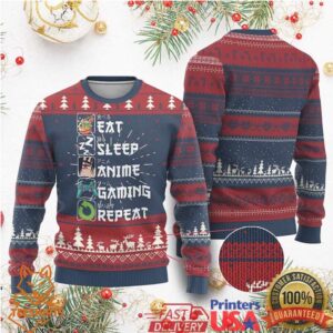 Eat Sleep Anime Gaming Repeat Ugly Christmas Sweater Kawaii Otaku Gamer Manga Lover