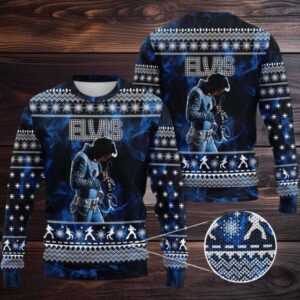 Elvis Presley Graphics Signature Blue Ugly Christmas Sweater Elvis Presley Graphics Signature Blue Ugly Christmas Sweater