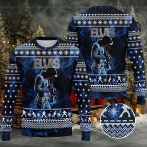Elvis Presley Graphics Signature Blue Ugly Christmas Sweater