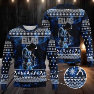 Elvis Presley Graphics Signature Blue Ugly Christmas Sweater