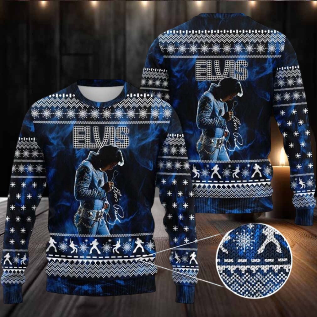 Elvis Presley Graphics Signature Blue Ugly Christmas Sweater Elvis Presley Graphics Signature Blue Ugly Christmas Sweater