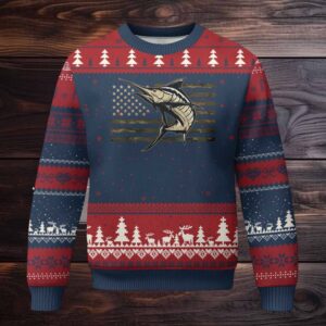 Fishing Camouflage US Flag Ugly Christmas Sweater Swordfish Fish Fisherman Camo