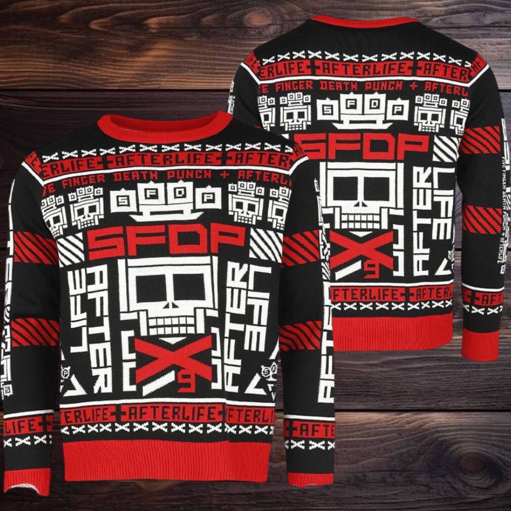 Five Finger Death Punch Afterlife Signature Symbol Knitted Black And Red Holiday Ugly Christmas Sweater Five Finger Death Punch Afterlife Signature Symbol Knitted Black And Red Holiday Ugly Christmas Sweater
