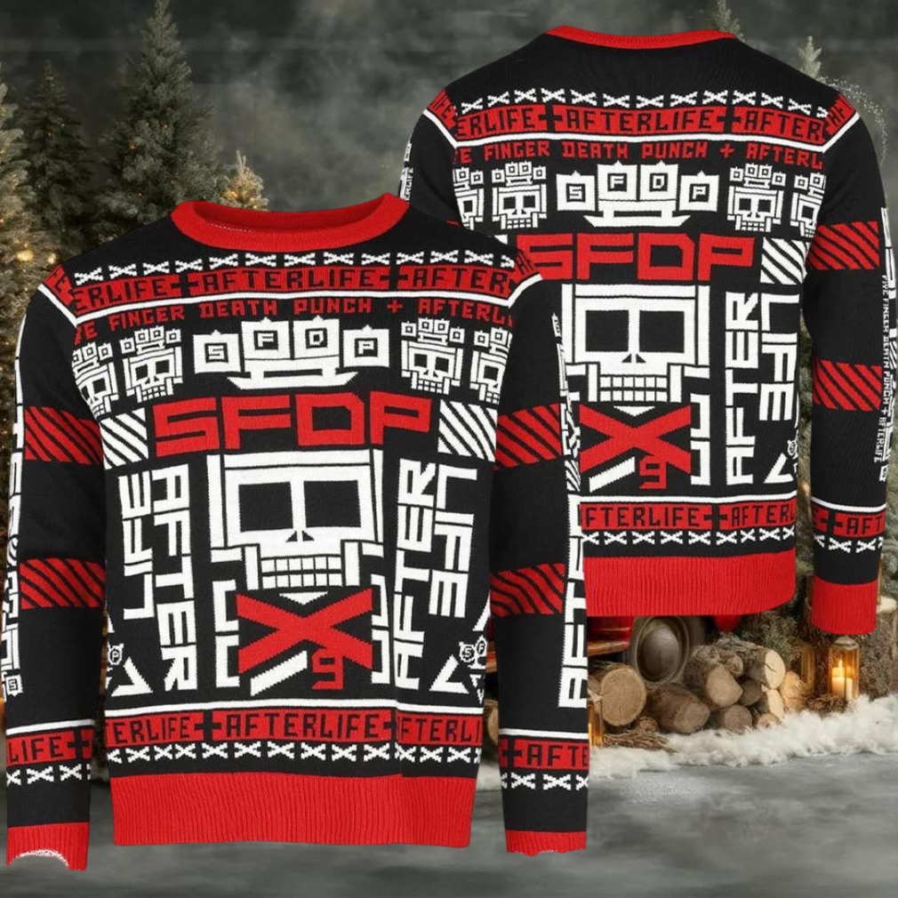 Five Finger Death Punch Afterlife Signature Symbol Knitted Black And Red Holiday Ugly Christmas Sweater Five Finger Death Punch Afterlife Signature Symbol Knitted Black And Red Holiday Ugly Christmas Sweater