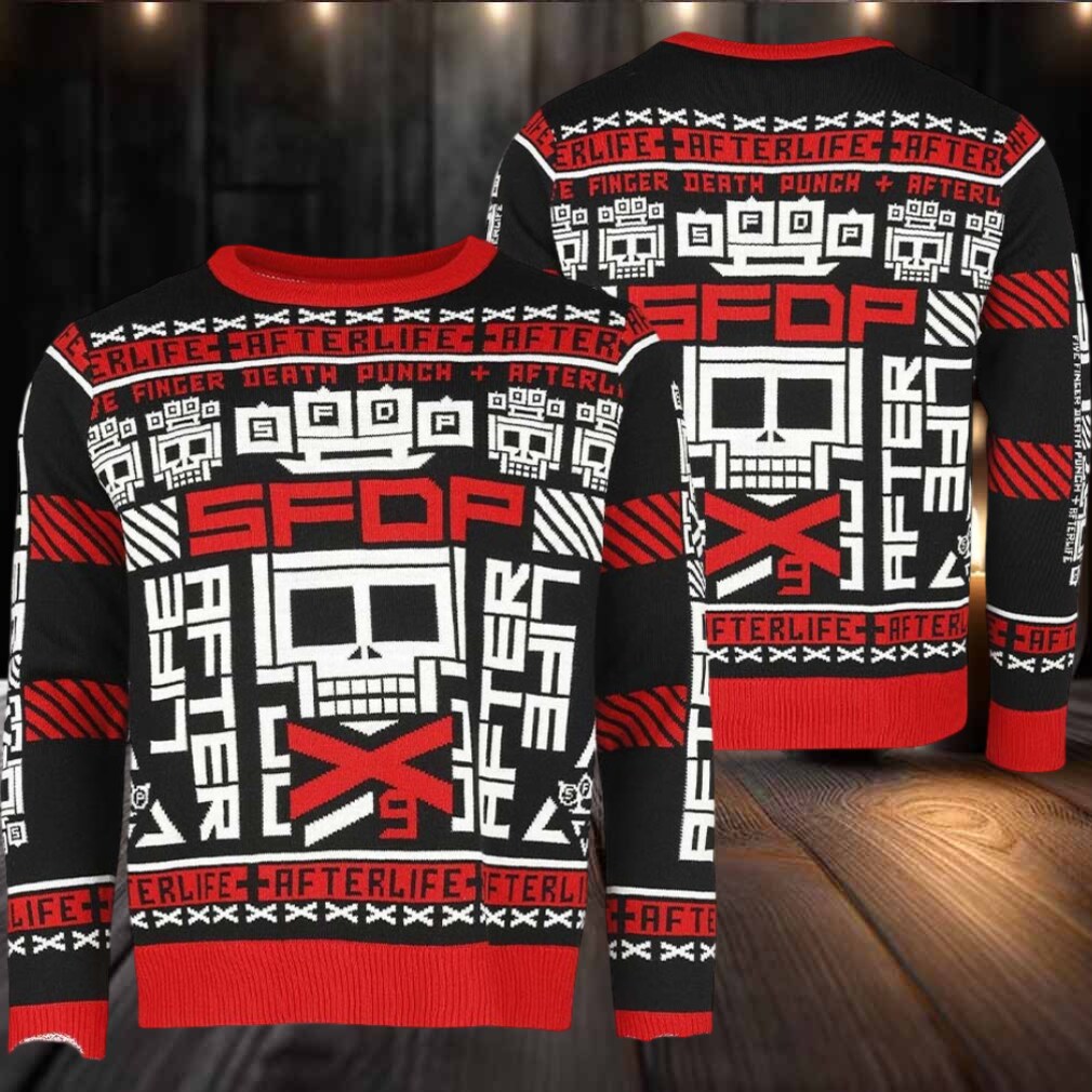 Five Finger Death Punch Afterlife Signature Symbol Knitted Black And Red Holiday Ugly Christmas Sweater Five Finger Death Punch Afterlife Signature Symbol Knitted Black And Red Holiday Ugly Christmas Sweater