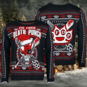 Five Finger Death Punch Big Logo With Santa Hat The Weapons Knitted Black Ugly Christmas Sweater