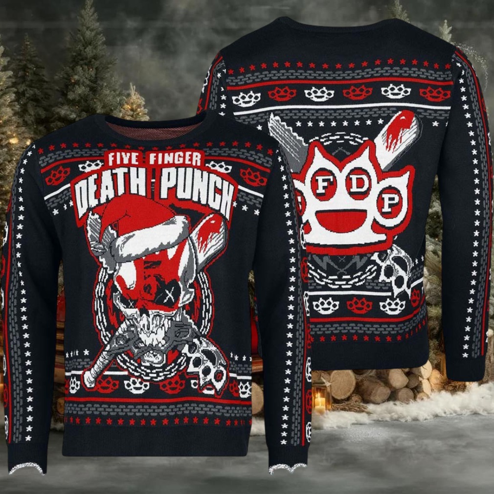 Five Finger Death Punch Big Logo With Santa Hat The Weapons Knitted Black Ugly Christmas Sweater Five Finger Death Punch Big Logo With Santa Hat The Weapons Knitted Black Ugly Christmas Sweater