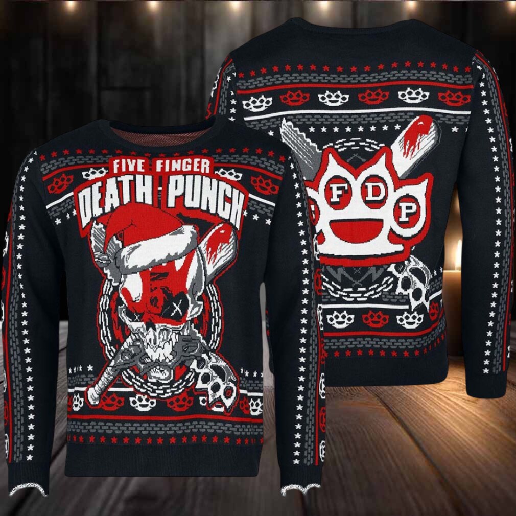 Five Finger Death Punch Big Logo With Santa Hat The Weapons Knitted Black Ugly Christmas Sweater Five Finger Death Punch Big Logo With Santa Hat The Weapons Knitted Black Ugly Christmas Sweater