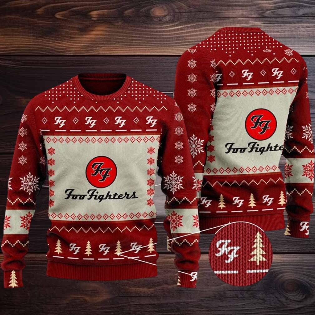 Foo Fighters Signature Logo With Snowflakes Pattern Holiday Red Ugly Christmas Sweater Foo Fighters Signature Logo With Snowflakes Pattern Holiday Red Ugly Christmas Sweater
