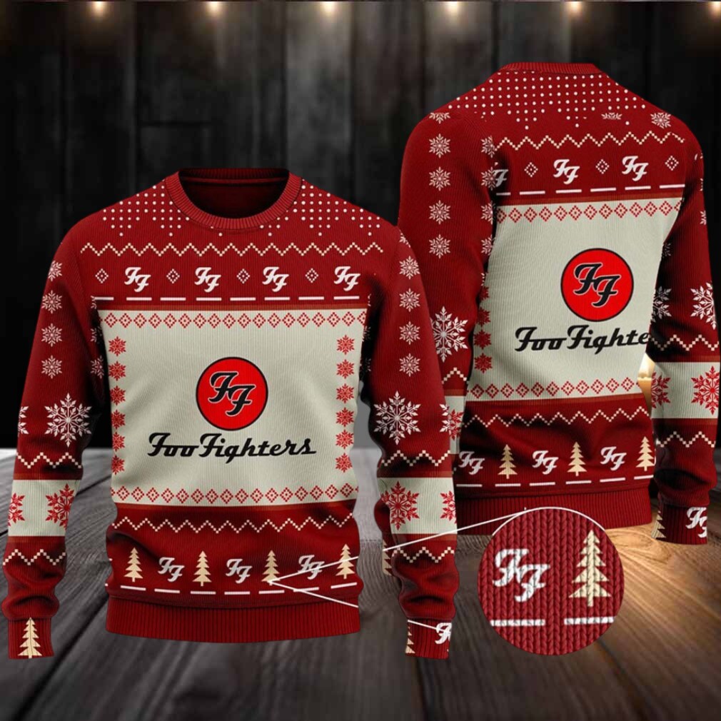 Foo Fighters Signature Logo With Snowflakes Pattern Holiday Red Ugly Christmas Sweater Foo Fighters Signature Logo With Snowflakes Pattern Holiday Red Ugly Christmas Sweater