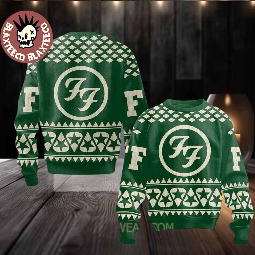 Foo Fighters Star Green Logo Guitar Pick Pattern Knitted Green Ugly Christmas Sweater Foo Fighters Star Green Logo Guitar Pick Pattern Knitted Green Ugly Christmas Sweater
