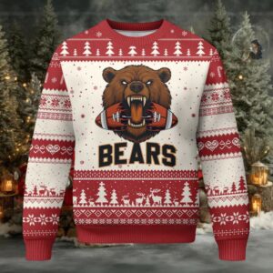 Football Player Gift Ugly Christmas Sweater Fierce Bear Biting Ball