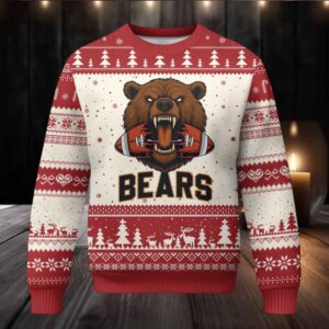 Football Player Gift Ugly Christmas Sweater Fierce Bear Biting Ball