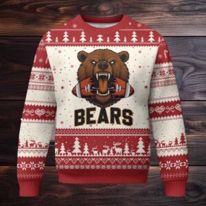 Football Player Gift Ugly Christmas Sweater Fierce Bear Biting Ball