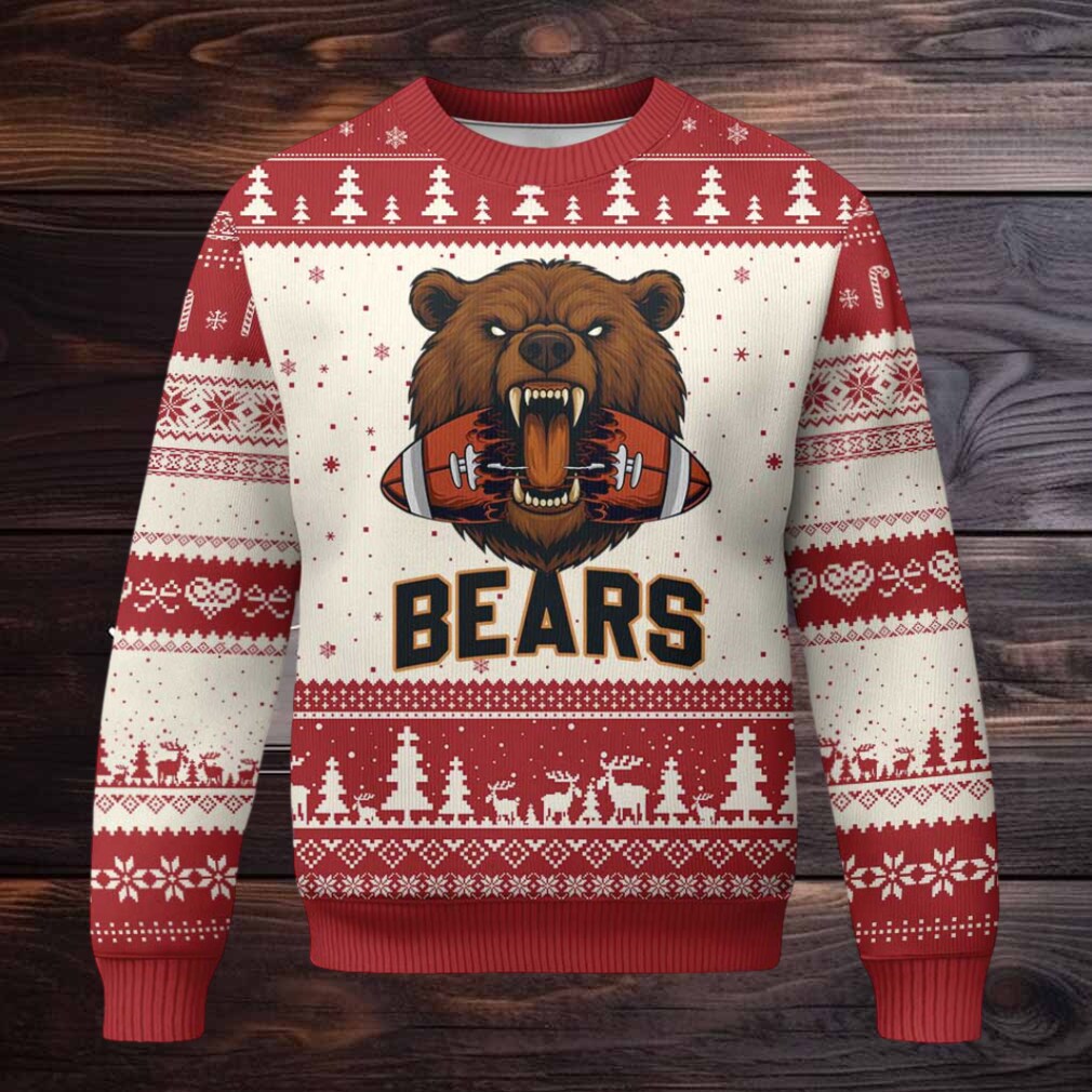 Football Player Gift Ugly Christmas Sweater Fierce Bear Biting Ball Football Player Gift Ugly Christmas Sweater Fierce Bear Biting Ball